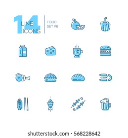 Kinds of Food - set of modern vector line icons with accent color. Orange, pepper, milk, cheese, tea, hamburger, meat, pie bread sausages fish kebab beer. Material design concept symbols