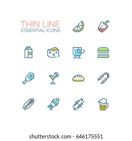 Kinds of Food - set of modern vector line icons. Orange, pepper, milk, cheese, tea, hamburger, meat, pie bread sausages fish kebab beer