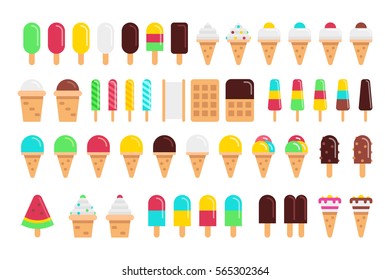 Kinds of ice cream vector flat isolated on white background. Different colorful ice cream vector set of illustrations for banner design, web and other graphic. The big menu of ice cream