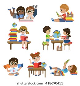 Kinds In Library Set Of Colorful Simple Design Vector Drawings Isolated On White Background