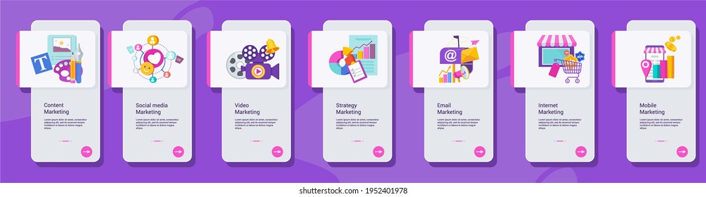 Kinds of marketing. Concept banner with color icons. Content marketing, Social media, Video and Strategy. Flat vector illustration. Segmentation, target audience.