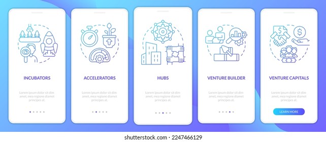 Kinds of new business support blue gradient onboarding mobile app screen. Walkthrough 5 steps graphic instructions with linear concepts. UI, UX, GUI template. Myriad Pro-Bold, Regular fonts used