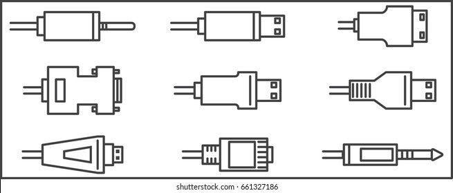 Kinds of plugs, Wire cleverness, vector image, outline style, icon set