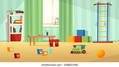 Kinds room modern vector illustration with furniture, sunlight from window, wall bars and toys. Nursery for kids, little children.  Flat style design. Preschool.