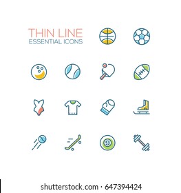 Kinds of sport - modern vector line design icons set. Basketball, football, bowling, baseball, ping-pong, rugby, swimming, t-shirt, boxing, skating, tennis skate boarding hockey weight lifting