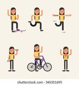 Kinds of Sport. Set of Flat Style Vector Illustrations of Young Girl Engaged in Various Sports. Skateboarding, Running, Skating, Fitness, Cycling, Winner