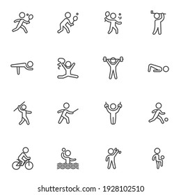 Tipos de iconos de línea deportiva, colección de símbolos de vector de contorno, paquete de pictogramas de estilo lineal. Señales, ilustración del logotipo. El juego incluye íconos como atletismo, ciclismo, esgrima, figura, gimnasia, tenis