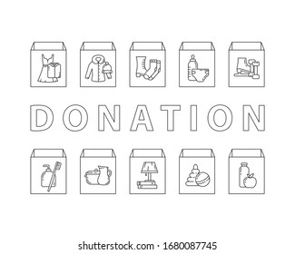 Art der Dinge, die man in einem Karton geben kann: Lebensmittel, Kleidung, Spielzeug, Schuhe, Nahrungsmittel. Horizontales Spendenposter. Wohltätiges Banner mit linearen Symbolen und Text. Schwarz-Weiß-Illustration. Contour-Vektorillustration einzeln