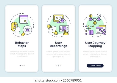 Kinds of website visitor tracking onboarding mobile app screen. Walkthrough 3 steps editable graphic instructions with linear concepts. UI, UX, GUI template