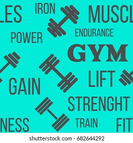 Kinesiology taping seamless pattern or background. Fitness design elements, gym label dumbbell, blue sport textile