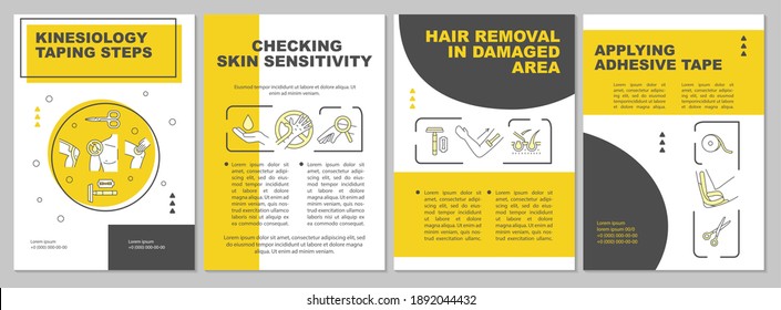 Kinesiology Taping Step Broschüre Vorlage. Klebeband auftragen. Flyer, Broschüre, Faltblatt, Cover-Design mit linearen Symbolen. Vektorgrafiken für Zeitschriften, Jahresberichte, Werbeplakate