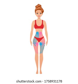 kinesiology taping. woman with Kinesiotaping, muscle tape on her body. 