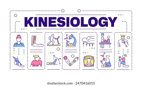 Kinesiology word concept isolated on white. Body movement science. Rehabilitation. Physical therapy. Creative illustration banner surrounded by editable line colorful icons