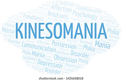 Kinesomania word cloud. Type of mania, made with text only.