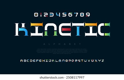 Kinetic creative modern geometric urban alphabet font. Digital abstract futuristic, game, techno, robot, music, logo, sport, minimal technology typography. Simple numeric vector illustration