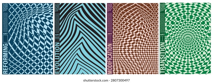Kinetic movement of stripes and patterns creates illusionary 3D effects. Suitable for futuristic designs, posters, and abstract art. Vector illustration.