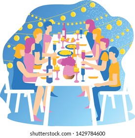 kinfolk party flat design Group of cheerful young people women and man have picnic friends eating dinner lights food people having fun celebration