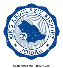 King Abdulaziz Airport Jeddah stamp. Airport of Jeddah round logo with location on Saudi Arabia map marked by airplane. Vector illustration.