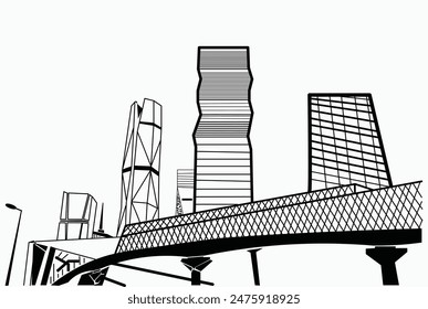 King Abdullah Financial District, KAFD. Skycraper Tower in Riyadh Saudi Arabia Skyline City. Line art style