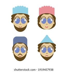 King "Ahasuerus", Mordecai the Jew, Haman the Evil, and Queen Esther,
A flat vector drawing of four icons of figures from the Book of Esther that are read on the Jewish holiday - Purim from a scroll.