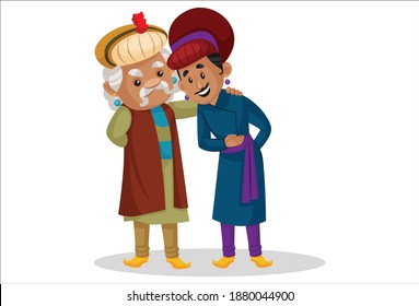 King Akbar is appreciating Birbal.  Vector graphic illustration. Individually on a white background.