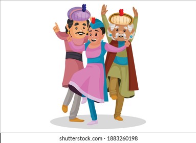 Ilustración gráfica vectorial. El Rey Akbar está bailando con la gente. Individualmente sobre un fondo blanco.