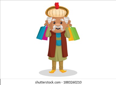 King Akbar is holding shopping bags in his hands. Vector graphic illustration. Individually on a white background.