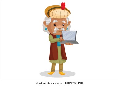 King Akbar is showing a laptop. Vector graphic illustration. Individually on a white background.