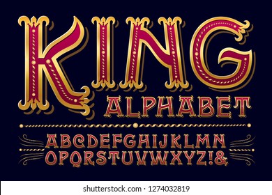 King Alphabet é um estilo de letras ornamentado real com detalhes dourados elegantes. Essa fonte funcionaria bem com qualquer coisa cortês, real, de alta classe ou antiga. 