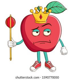 King of apple fruit cartoon character holding the king stick with funny thinking expression