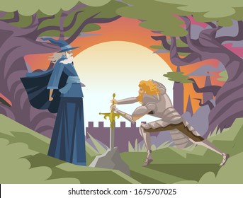 King Arthur With Excalibur In The Rock And Merlin Wizard Tale