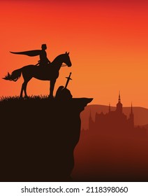 King Arthur, Legendary Excalibur Sword In Stone And Castle Silhouette In The Background - Fairy Tale Sunset Realm Scene Vector Illustration