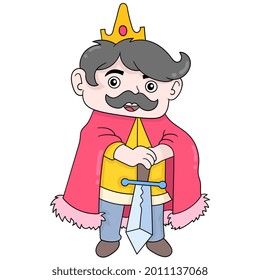 a king king arthur wisely carries the sword of justice, vector illustration art. doodle icon image kawaii.