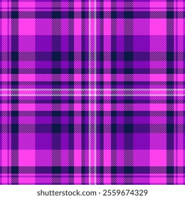 King background plaid textile, official check tartan texture. Volume seamless vector pattern fabric in magenta and purple colors palette.