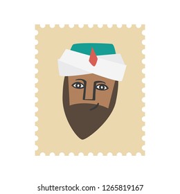 King Baltasar postage stamp. Christmas ornament isolated vectorized. Magi, wise man