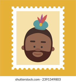 King Baltasar yellow postage stamp. Christmas ornament isolated vectorized. Magi, wise man