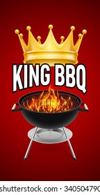 King BBQ  banner grill with fire isolated on red