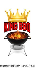 King BBQ  banner grill with fire isolated on white