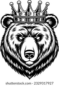 king bear head with luxury crown black and white illustration