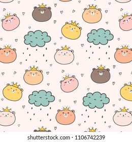 King Bear Pattern Background For Kids. Vector Illustration.