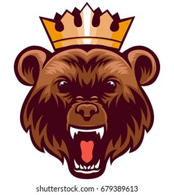 King of bear wearing Gold crown mascot team sport logo