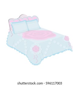 King bed with white blanket.Queen bed with pink pillows.Bed single icon in cartoon style vector symbol stock illustration.