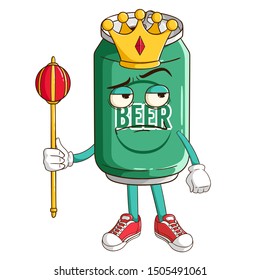 King of beer can cartoon character holding the king stick with funny thinking expression