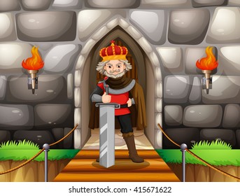 King with big sword at palace illustration