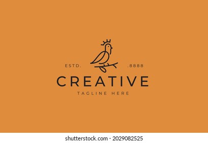 King Bird Logo Design Template. Simple line design of a bird wearing a crown perched on a branch. Creative Vector Icon Design Concept.