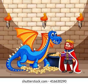 King and blue dragon with gold coins illustration