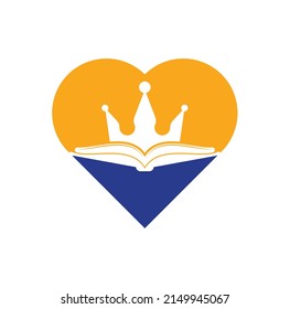 King Book heart shape concept vector logo template design. Vector book and crown logo concept.