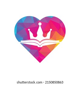 King Book heart shape concept vector logo template design. Vector book and crown logo concept.