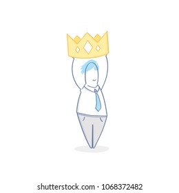 King, Boss, Chef, Master, Leader, Authority. Cute fun cartoon character fantasizes and holds the crown over himself. Flat outline vector illustration on white background.