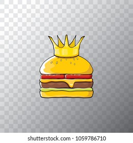 king burger with cheese and golden crown icon isolated on transpararent background. Vector burger, hamburger, cheeseburger label design element. Fast food or burger house logo concept